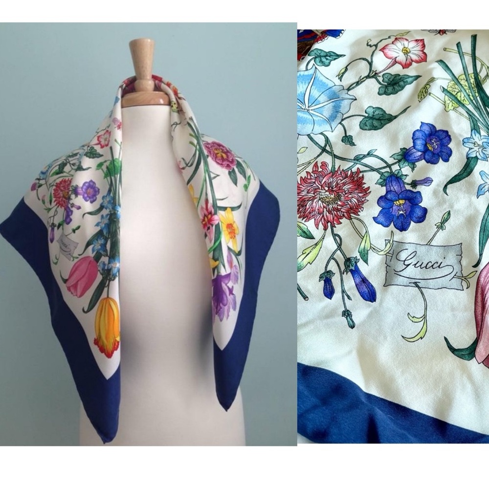 Vintage Gucci Flora Scarf 1966 Silk Flowers Decorations Dark Blue Frame